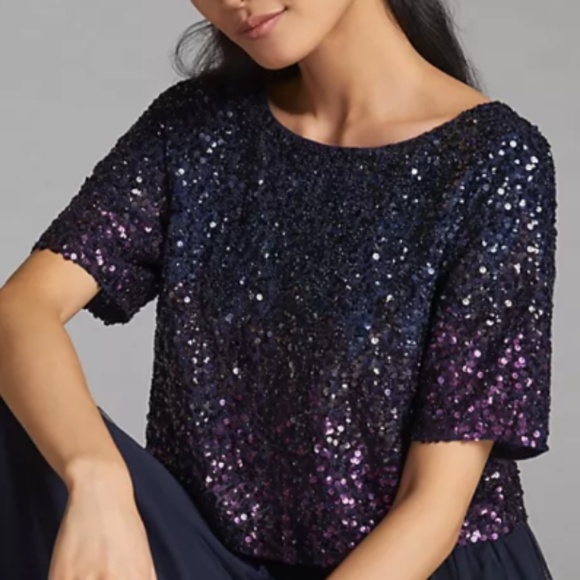 Brand New LET ME BE OMBRE CROPPED SEQUINED BLOUSE - Picture 7 of 10